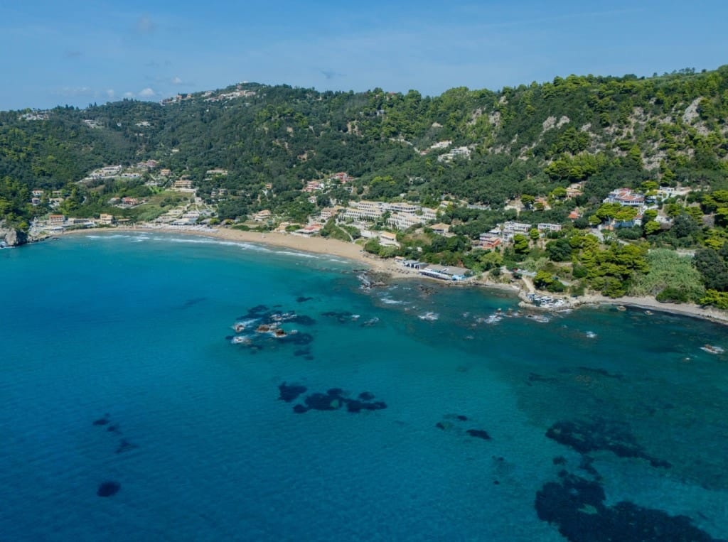 Aerial view of Glyfada Beach on Corfu's west coast